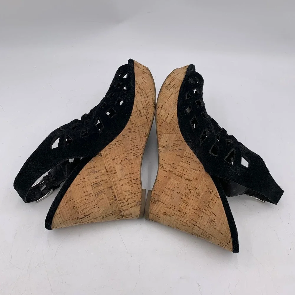 Franco Sarto Black Suede‎ Sandal Cage Wedge Platform Chunky Strappy Sassy Sz 10M